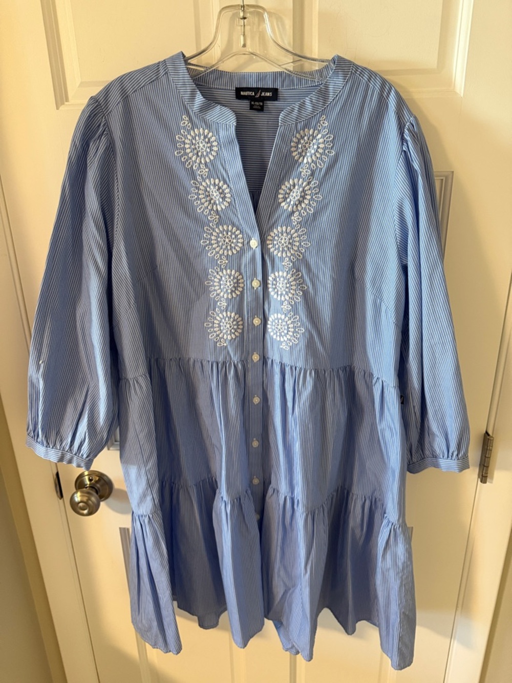 Nautica Jeans Women’s Embroidered pinstripe Tiered Cotton Mini Dress XL - Picture 4 of 10